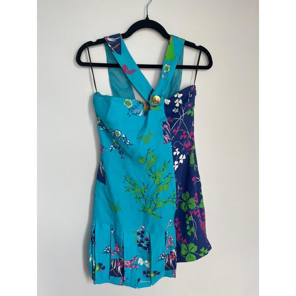 Versace H&M Dress Womens 8 Blue Multicolor Floral Print Pleated Mini - Picture 7 of 7